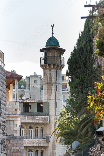 Minaret of Sheikh Reihan Mosque at the Al-wad street on the temple mount of Jerusalem, Israel.