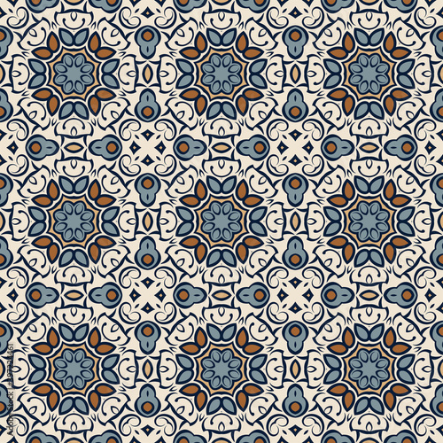 Bright color creative trendy abstract geometric mandala pattern white gray blue orange, vector seamless, can be used for printing onto fabric, interior, design, textile