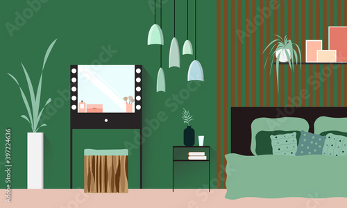 Stylish interior of the bedroom with a double bed and a dressing table. Green wall in the room with wooden slats. Vector flat illustration.