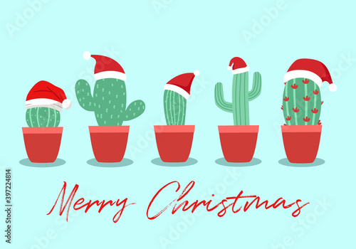 Cactus wearing Santa Claus hat in flat design. Merry Christmas concept vector illustration. Design for poster, greeting card, banner.