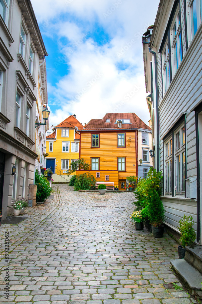 Old town, beautiful street in Bergen Norway, wooden houses in Bergen - architecture background