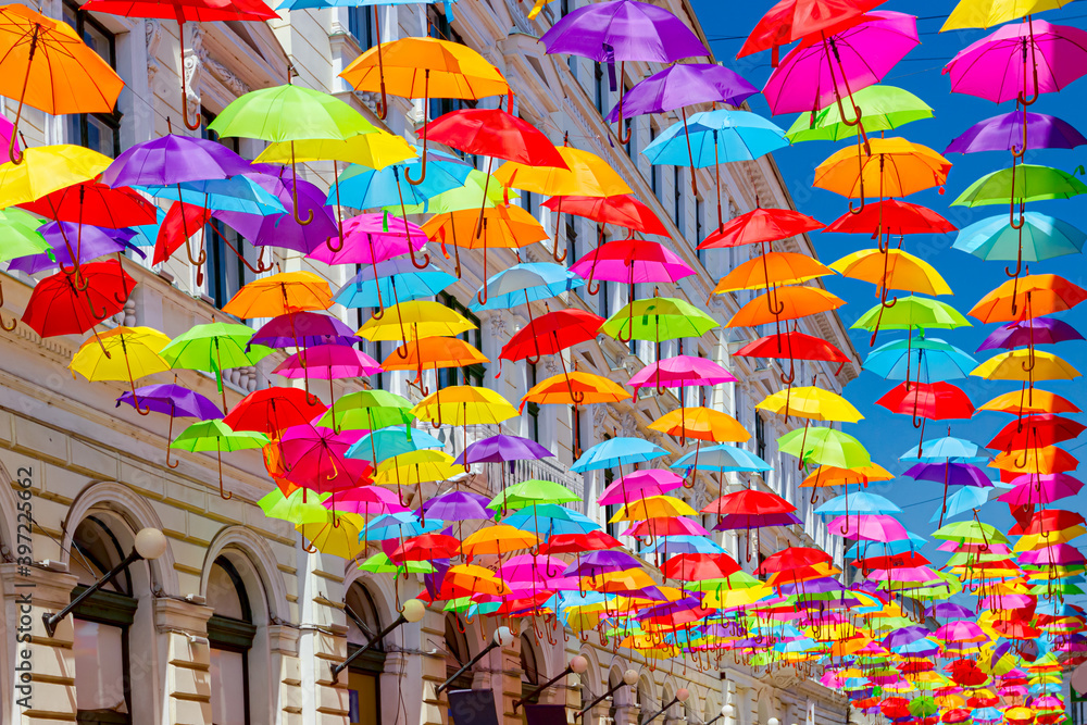 Decoration with hanging umbrellas