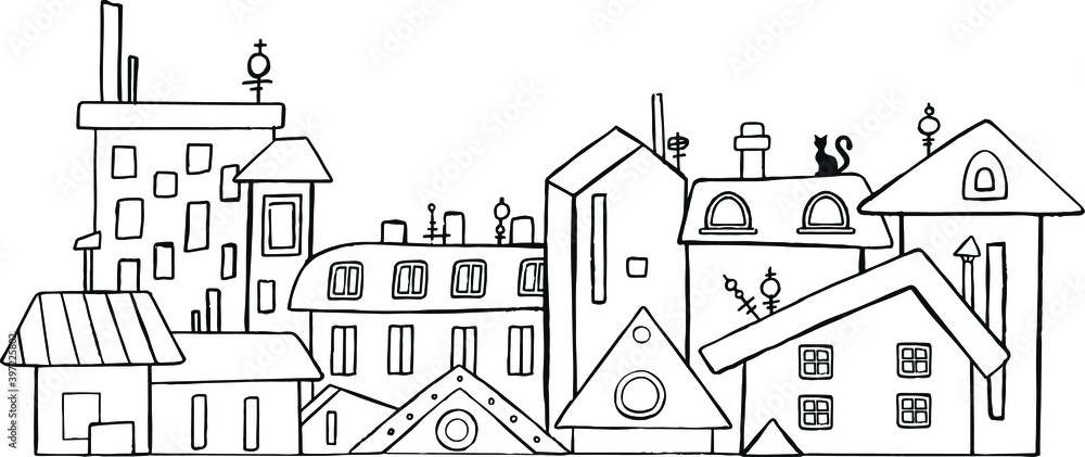 Vector City, Town and Countryside Illustration in Linear Style - buildings, skyscraper, church, factory, barn. Thin line art icons. Vector illustration
