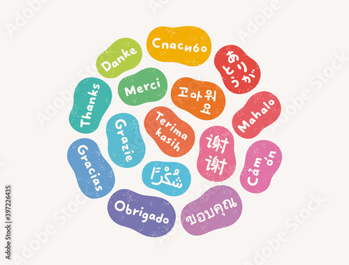 ありがとう　ワールド　はんこ　セット 1（荒い質感）：日本語、韓国語、中国語、ハワイ語、ロシア語、ベトナム語、タイ語、マレー語、インドネシア語、アラビア語、英語、ドイツ語、フランス語、イタリア語、スペイン語、ポルトガル語