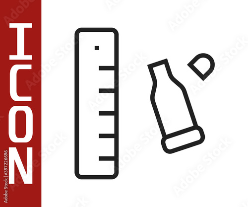 Black line Bullet casing as a piece of evidence placed with forensic ruler for documentation icon isolated on white background. Concept of crime scene. Vector.