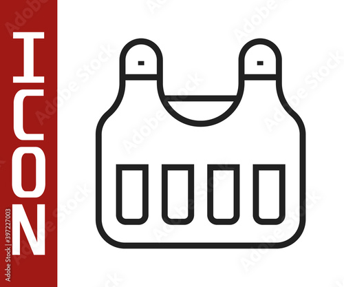 Black line Bulletproof vest for protection from bullets icon isolated on white background. Body armor sign. Military clothing. Vector.