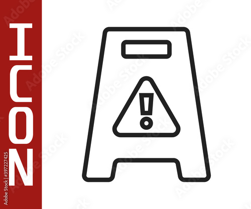 Black line Wet floor and cleaning in progress icon isolated on white background. Cleaning service concept. Vector.