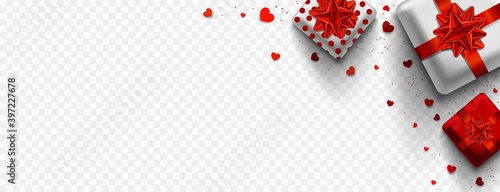 Valentines Day banner. Background with gift box isolated on transparent background.	