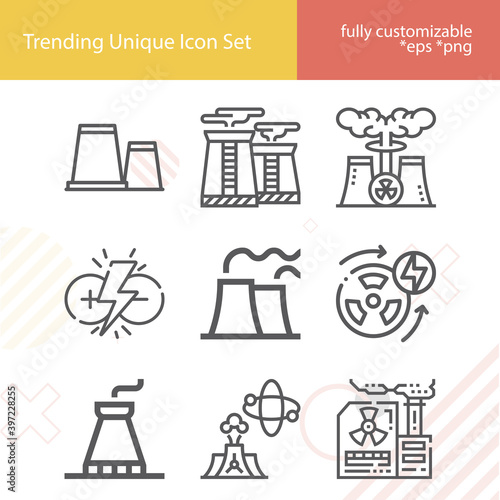 Simple set of nuclear energy related lineal icons.