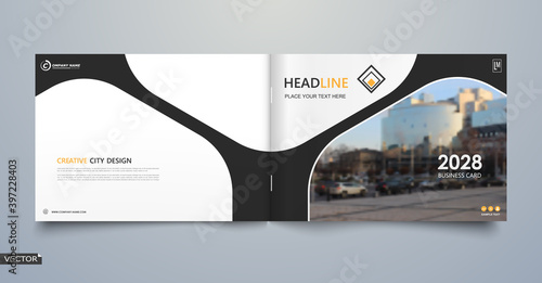 Black, white business book mockup. A4 brochure cover design. Hi tech info banner. Title sheet model set. Modern vector front page art. Urban city house texture. Yellow line frame icon. Flyer text font