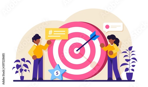 Business Strategy or Vision, big target with people, teamwork. Move up motivation, target achievement, successful contract team work. Modern flat illustration.