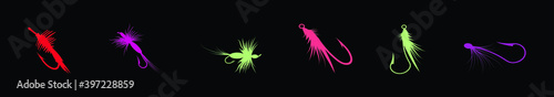 set of fly fishing cartoon icon design template with various models. vector illustration isolated on black background
