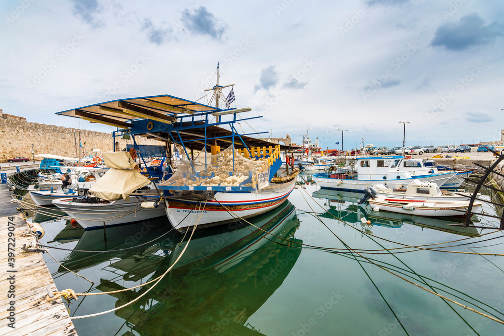Fototapeta premium Rhodes Harbour view in Rhodes Island. Rhodes is populer tourist destination in Greece.