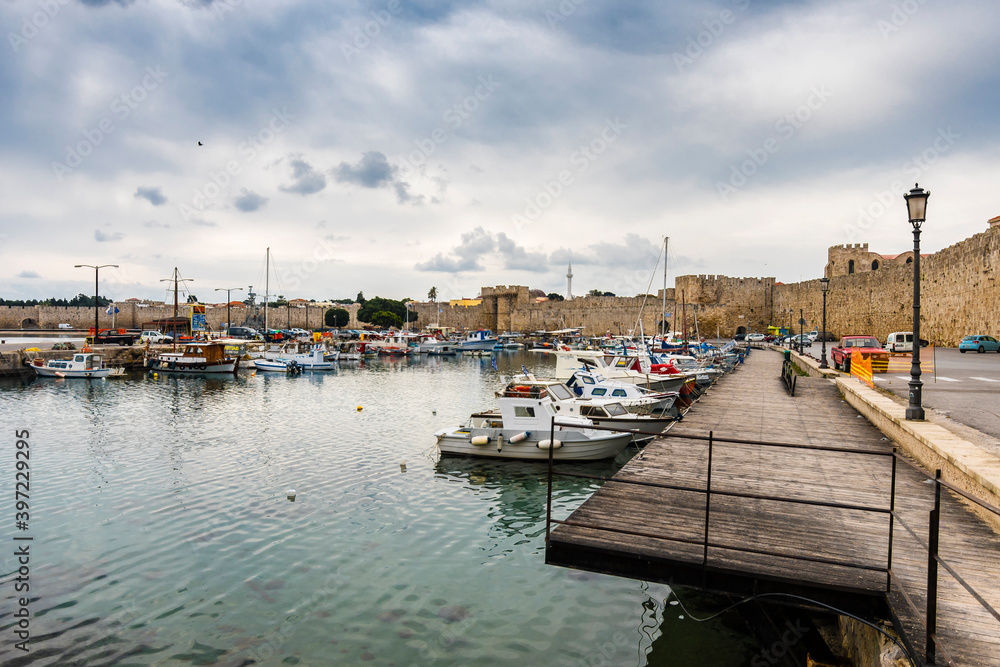 Fototapeta premium Rhodes Harbour view in Rhodes Island. Rhodes is populer tourist destination in Greece.