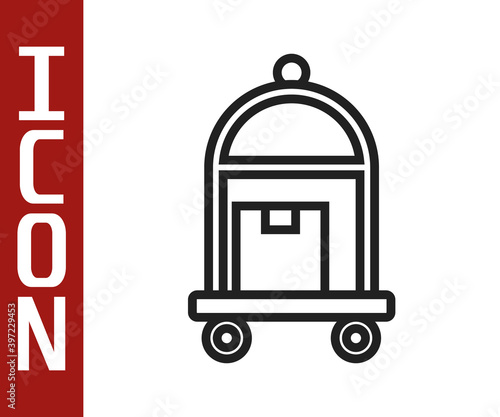 Black line Hotel luggage cart with suitcase icon isolated on white background. Traveling baggage sign. Travel luggage icon. Vector.