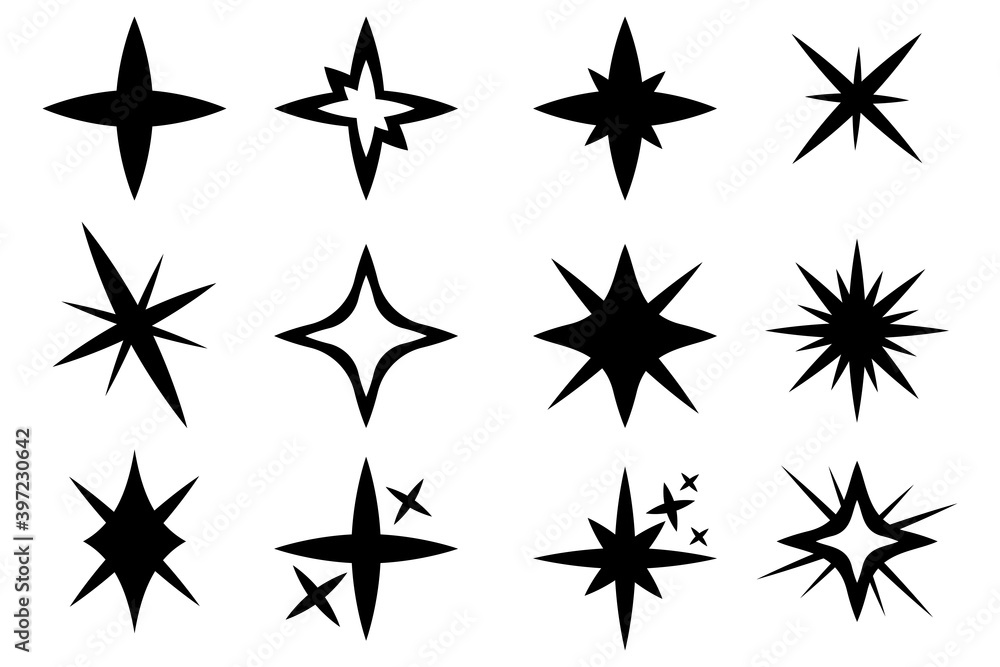 Flat collection. Christmas holiday pattern. Bright star. Vector set. Black line icon. Shine, glare, flare, flash illustration. Christmas light effect. Vector glow light effect. Bright sun. Flat collection. Christmas holiday pattern. Bright star. Vector set. Black line icon. Shine, glare, flare, flash illustration. Christmas light effect. Vector glow light effect. Bright sun.