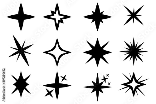 Flat collection. Christmas holiday pattern. Bright star. Vector set. Black line icon. Shine  glare  flare  flash illustration. Christmas light effect. Vector glow light effect. Bright sun.