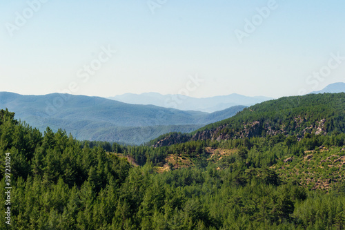 A mountain top covered in bright green foliage  with rolling hills and bright blue sky in background.