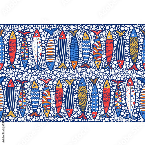 Vector seamless vertical border with fish. Cute sardines.