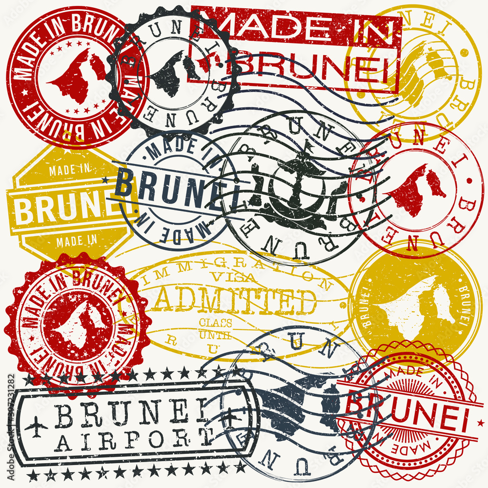 Brunei Set of Stamps. Travel Passport Stamp. Made In Product. Design Seals Old Style Insignia. Icon Clip Art Vector.