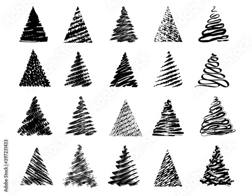 Decorative abstract black silhouettes of christmas trees. Fir tree. Pine tree. Spruce tree.