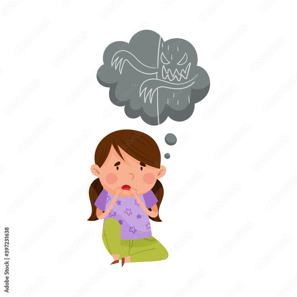 Frightened Girl Sitting and Imagining Spooky Monster Vector Illustration Frightened Girl Sitting and Imagining Spooky Monster Vector Illustration