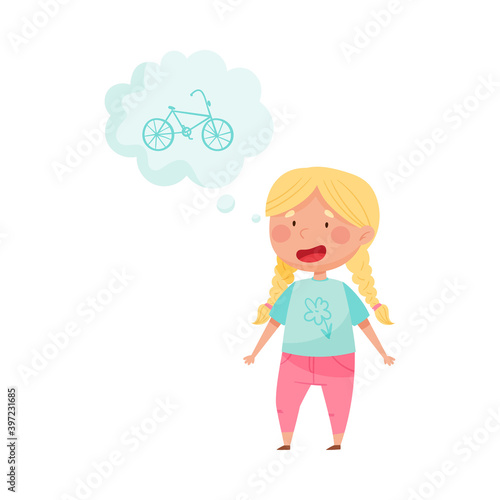 Smiling Red Cheeked Girl Standing and Dreaming about Bicycle Vector Illustration