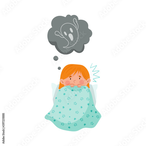 Frightened Girl Hiding Under Blanket in Bed and Imagining Spooky Ghost Vector Illustration
