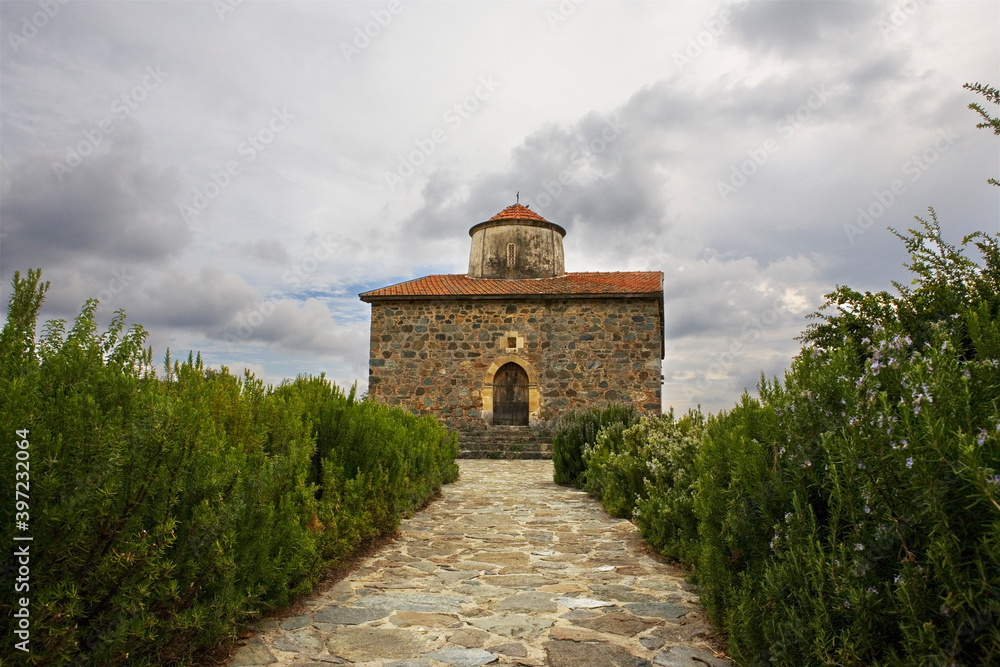 Fototapeta premium The tiny Byzantine church of Timiou Stavros, Peléndhri, Cyprus, one of the Painted Churches in the Troodos Region, and thus a UNESCO World Heritage Site