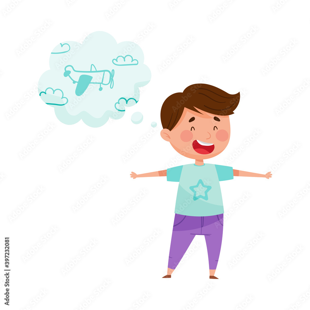 Funny Red Cheeked Boy Standing and Dreaming about Airplane Vector Illustration Funny Red Cheeked Boy Standing and Dreaming about Airplane Vector Illustration