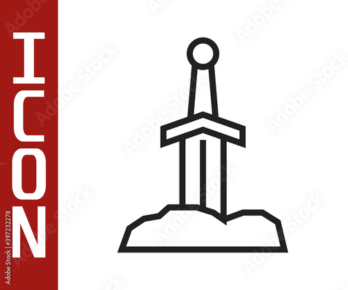 Black line Sword in the stone icon isolated on white background. Excalibur the sword in the stone from the Arthurian legends. Vector.