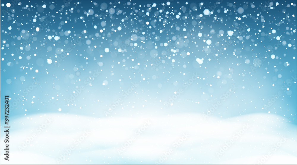 Winter snowfall background, falling snow, snowflakes. Christmas vector landscape.