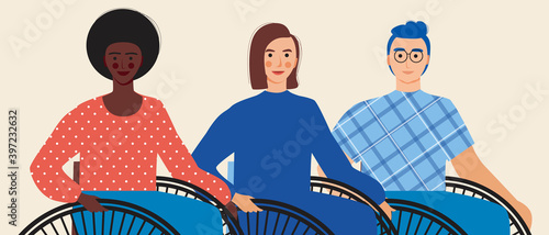 People in wheelchairs isolated as wheelchair community concept, flat vector stock illustration, different ethnicity, gender