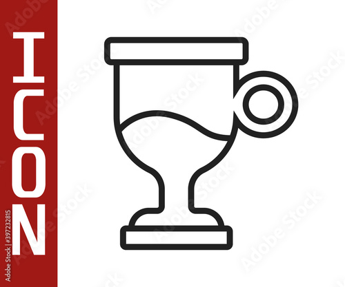 Black line Mulled wine with glass of drink and ingredients icon isolated on white background. Cinnamon stick, clove, lemon slice. Vector.