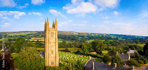 Aerial view of Widecombe in the Moor, a village and large civil parish on Dartmoor National Park in Devon, England photo