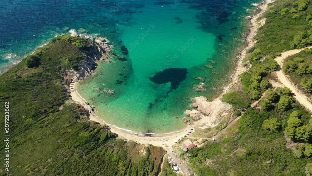 Aerial drone video of secluded emerald beach of Krifi or Aerial drone video of secluded emerald beach of Krifi or