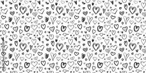Hand drawn background with hearts. Seamless grunge texture for banner, flyer or poster. Valentine's day. Black and white illustration