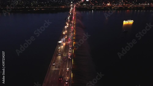 Aerial view Rainbow fountain show at Banpo bridge in Seoul, South Korea. photo