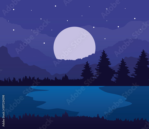 Landscape of pine trees lake and moon on purple background design, nature and outdoor theme Vector illustration