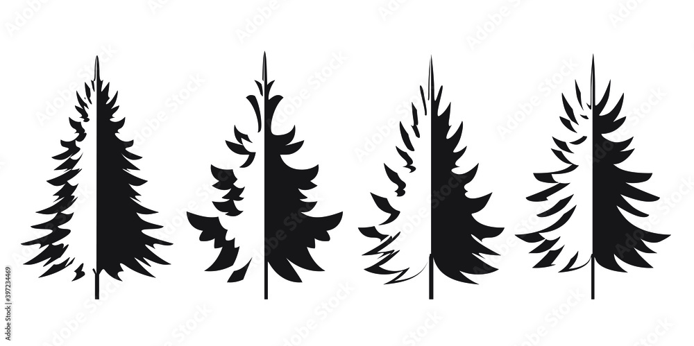 A set of black Christmas Trees. Winter season design elements and simply pictogram collection. Isolated vector xmas Icons and Illustration.