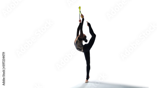 Rhythmic gymnast isoladed on white. photo