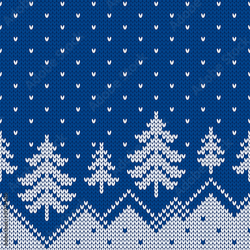 Winter sweater with Christmas trees, snowdrifts and snowfall. Norwegian seamless knitting pattern. Holiday traditional background. Fair Isle design. Vector illustration.