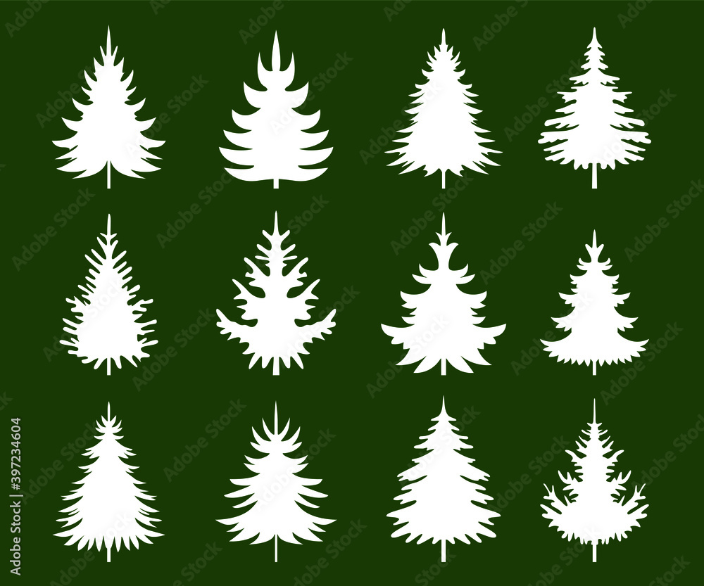 A set of white Christmas Trees on green background. Winter season design elements and simply pictogram collection. Isolated vector xmas Icons and Illustration.