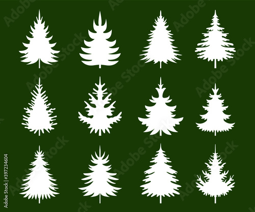 A set of white Christmas Trees on green background. Winter season design elements and simply pictogram collection. Isolated vector xmas Icons and Illustration.
