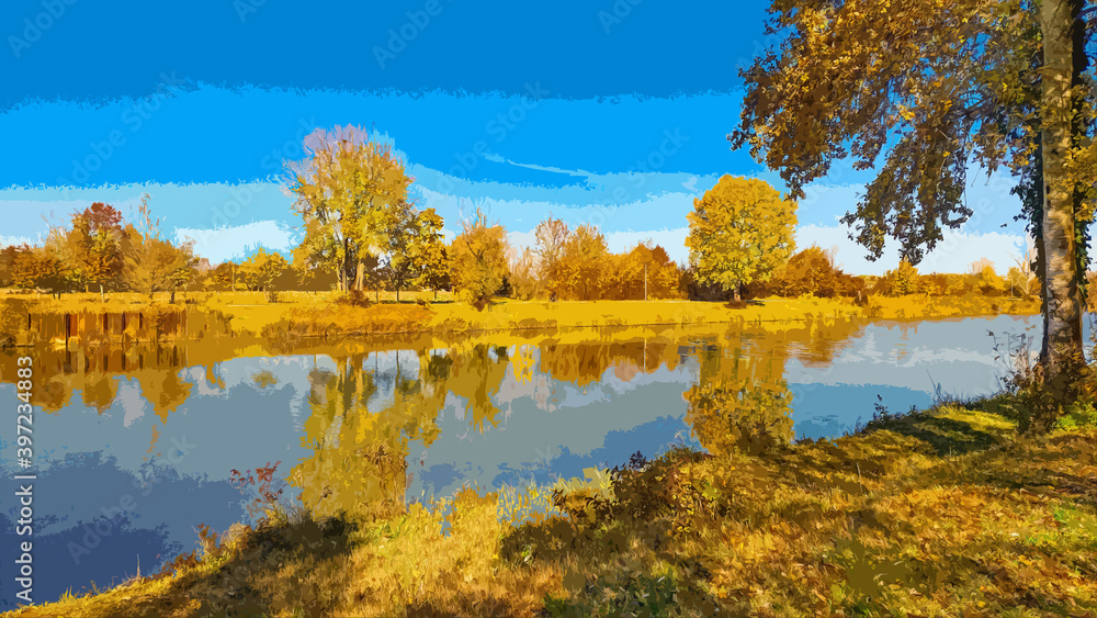 Autumn landscape. Canal flowing through the trees. Gold, rust and blue colors. Beautiful sunny day outdoors.