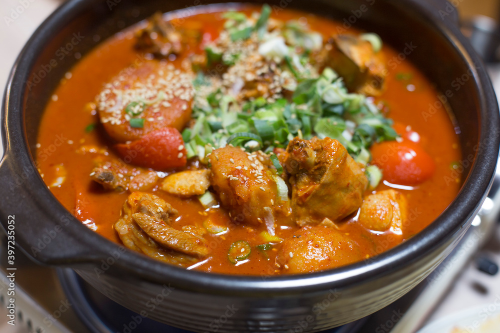 Delicious korean Braised Spicy Chicken stew in a bowl.