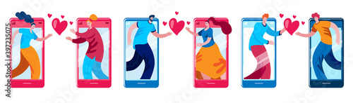 Boys and girls declare their love to each other via a smartphone. Dating and love in social networks. The concept of a vector illustration in a flat style.