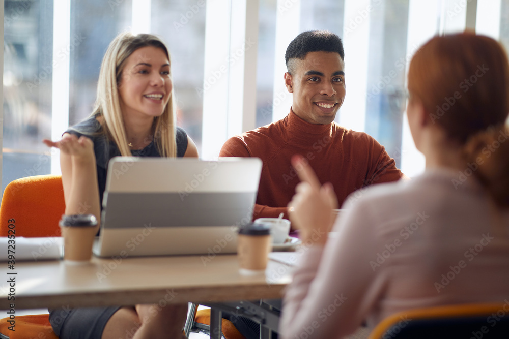 A young female applicant having an interview for a job with a company commission. People, job, company, business concept. A young female applicant having an interview for a job with a company commission. People, job, company, business concept.