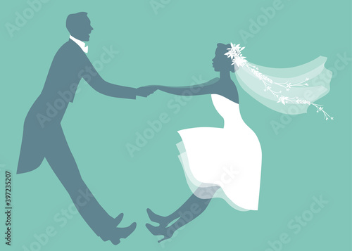 Funny wedding couple dressed vintage style wedding clothes dancing in retro style
