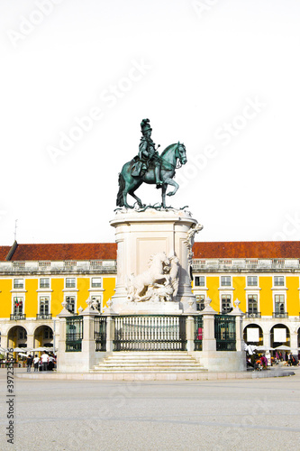 Lisbon, Portugal. King Jose I Statue at Praca do Comercio near the Triumphal Arch. Old town of Lisboa in historic midtown Alfama district